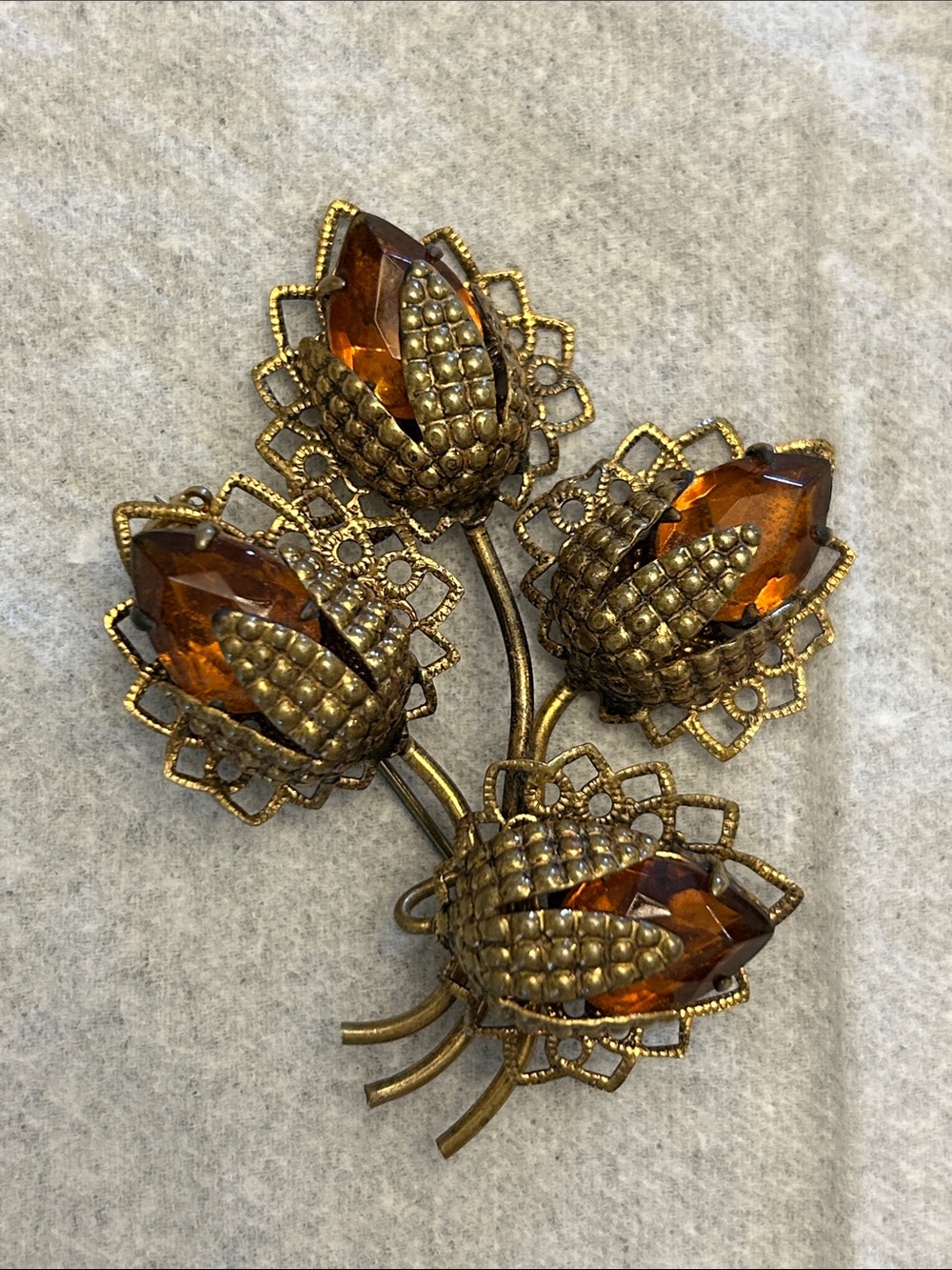 Vintage West Germany Gold Tone Tulip Flower Rhinestone Brooch